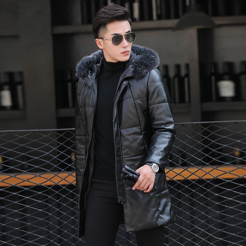 Winter Lederjacke Herren Mittellang und Lang Schmal geschnittener Kapuzenmantel Verdickter Modischer High-End-Mantel 2XL schwarz von Joom DACH