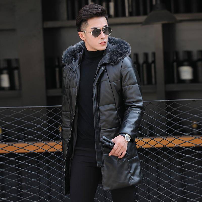 Winter Lederjacke Herren Mittellang und Lang Schmal geschnittener Kapuzenmantel Verdickter Modischer High-End-Mantel 2XL schwarz von Joom DACH