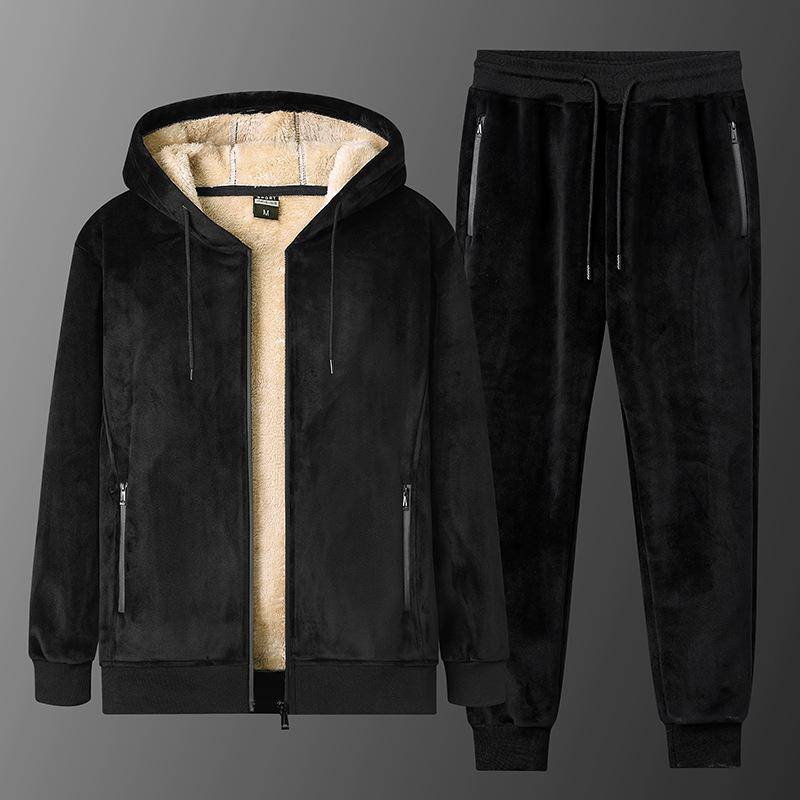 Winter Männer Sets Samt Warme Dicke Trainingsanzug Männer Mit Kapuze Fleece Casual Jacke + Hosen 2-stück XL schwarz von Joom DACH