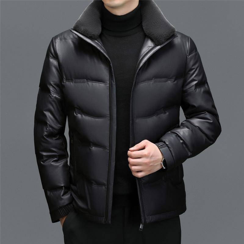 Winter Mittelalter Herren Einfarbig Echtleder Daunenjacke Verdickt Warm Schafsleder Kurze Lederjacke Lockerer Mantel 4XL von Joom DACH