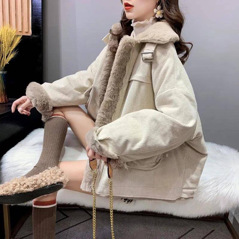Winter Mode Plus Baumwolle Gefüttert Mantel Dicke Damen Plus Größe Cord Gepolsterte Jacke Plüsch Dicke Lamm Wolle Warme Baumwolle kleidung Parka Mantel L beige von Joom DACH