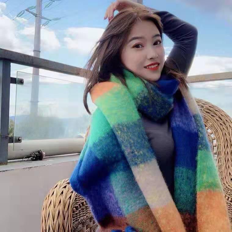 Winter Mohair Plaid Schal im koreanischen Stil für Damen - Dicke, warme und vielseitige Stola patchwork plaid blau/grün von Joom DACH