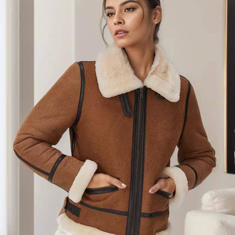 Winter Neue Damen Kurze Lederjacke Damen Fleece Verdickte Pelzjacke XXL von Joom DACH