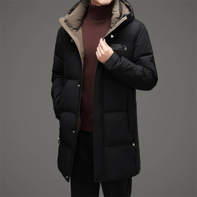 Winter Neue Herren Daunenjacke Mittellang und Lang Verdickt Warm und Kältebeständig Mit Kapuze Mittleres Alter und Junge Mode 4XL schwarz von Joom DACH