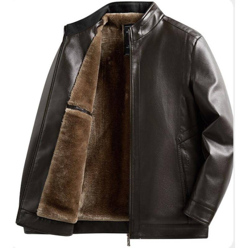 Winter Neue Herren Stehkragen Plus Fleece Lederjacke Herren Winter Verdickte Lederjacke Zum Warmhalten 3XL braun von Joom DACH