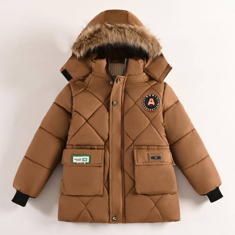 Winter Neue Jungen Jacke Einfarbig Futter Plüsch Warm Halten Pelz Kragen Mit Kapuze Reißverschluss Oberbekleidung Für 4-10Y Teen Kinder Schneeanzug 110cm braun von Joom DACH