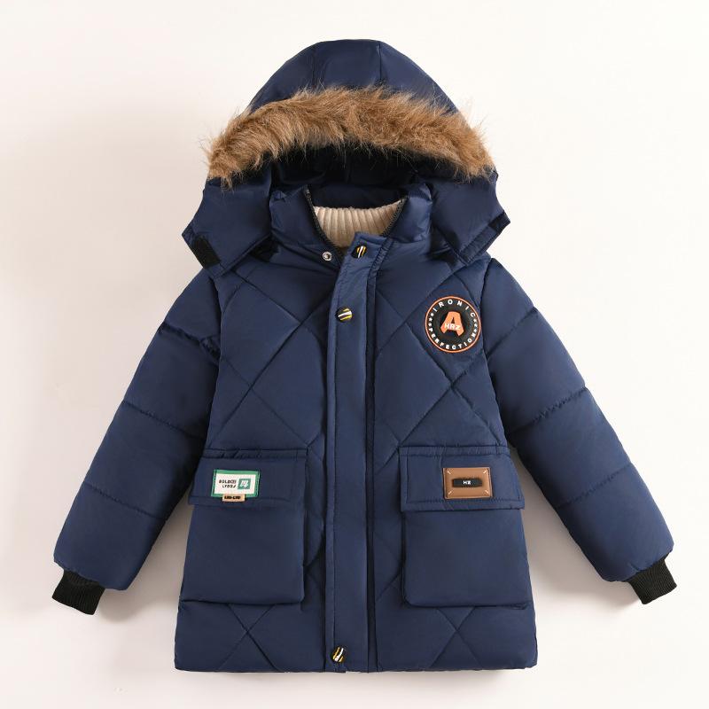 Winter Neue Jungen Jacke Einfarbig Futter Plüsch Warm Halten Pelz Kragen Mit Kapuze Reißverschluss Oberbekleidung Für 4-10Y Teen Kinder Schneeanzug 120cm navy blau von Joom DACH