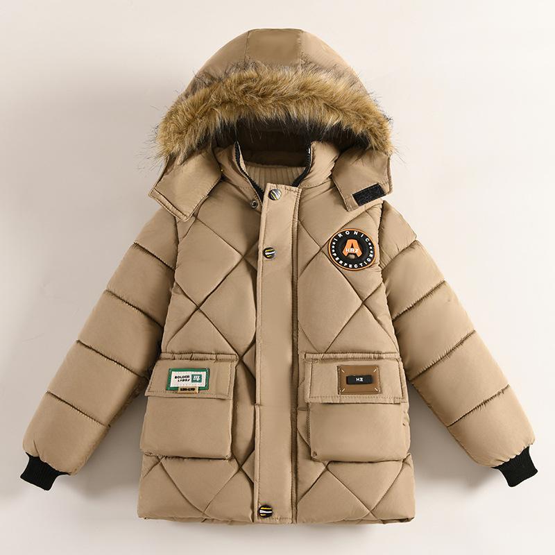 Winter Neue Jungen Jacke Einfarbig Futter Plüsch Warm Halten Pelz Kragen Mit Kapuze Reißverschluss Oberbekleidung Für 4-10Y Teen Kinder Schneeanzug 120cm khaki von Joom DACH