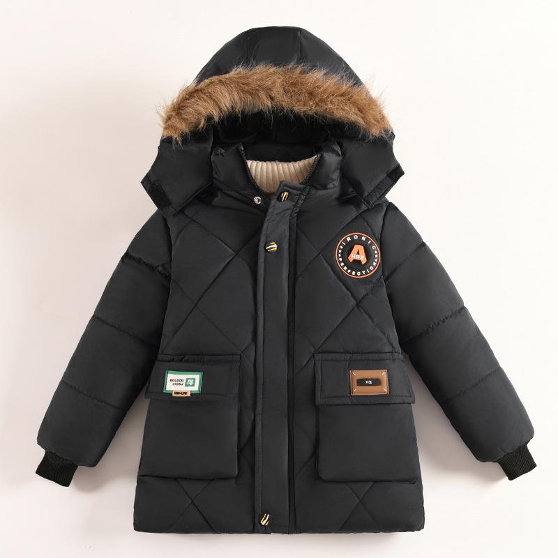 Winter Neue Jungen Jacke Einfarbig Futter Plüsch Warm Halten Pelz Kragen Mit Kapuze Reißverschluss Oberbekleidung Für 4-10Y Teen Kinder Schneeanzug 140cm schwarz von Joom DACH