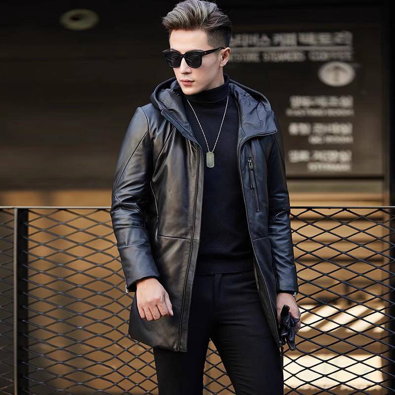 Winter Neue Lederjacke Herren Reißverschluss Mittellange Windjacke aus Leder mit Kapuze Lässige, verdickte Jacke 5XL schwarz von Joom DACH