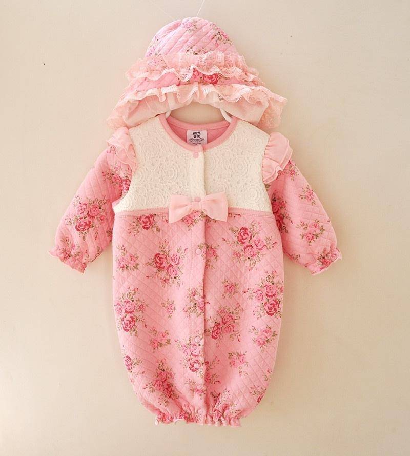 Winter Neugeborenen Baby Mädchen Kleidung Verdickt Floral Prinzessin Overall Kleidung Sets Strampler + Hüte 0-3m rosa von Joom DACH