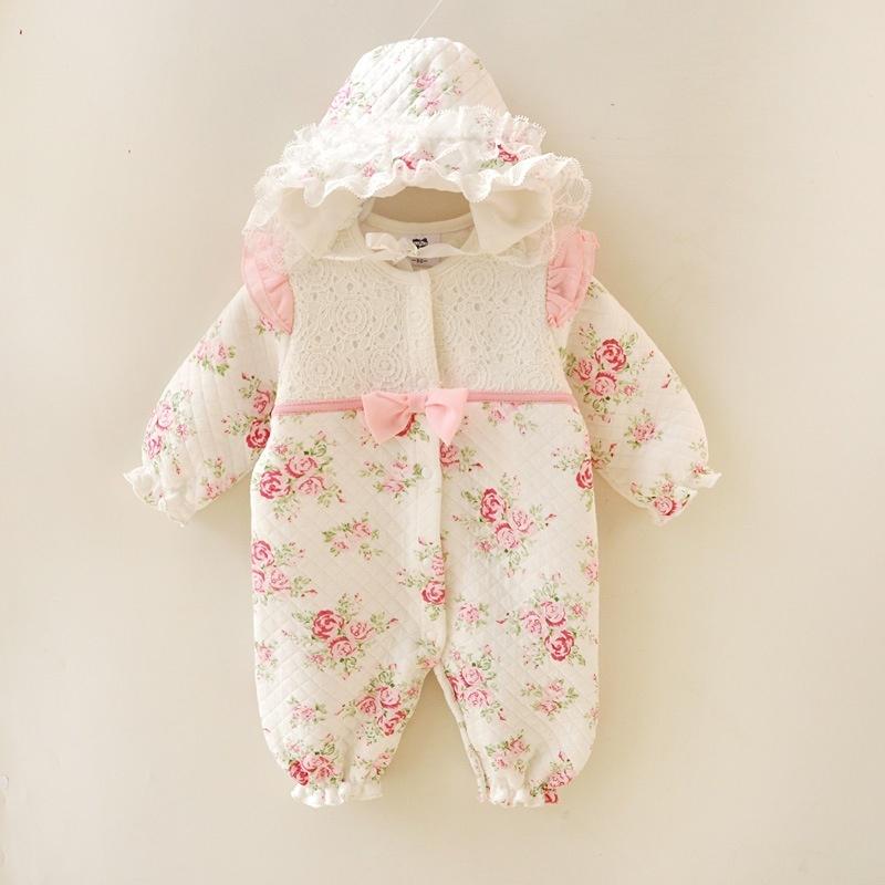 Winter Neugeborenen Baby Mädchen Kleidung Verdickt Floral Prinzessin Overall Kleidung Sets Strampler + Hüte 3-6m beige von Joom DACH