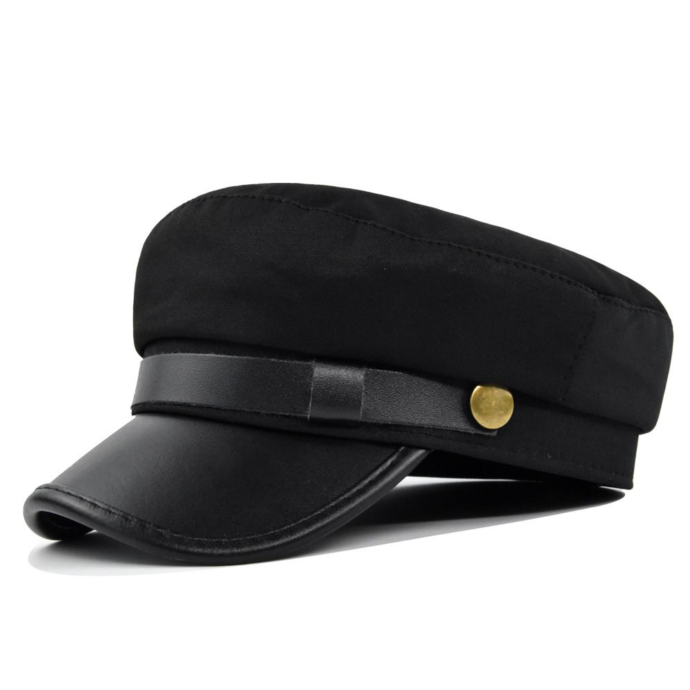 Winter PU Leder Metall Knopf Herbst Angeln Kappe Flache Navy Hüte Männer Sailor Caps Frauen Kapitän Kappen schwarz von Joom DACH