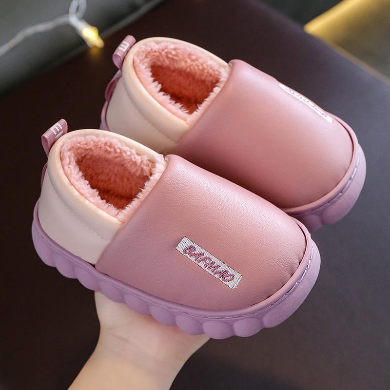 Winter PU Wasserdichte Kinder Baumwolle Hausschuhe Mädchen Eltern-kind Warme Baby Hausschuhe Hause Drinnen Schuhe Solide Junge Schlafzimmer 24-25 rosa von Joom DACH