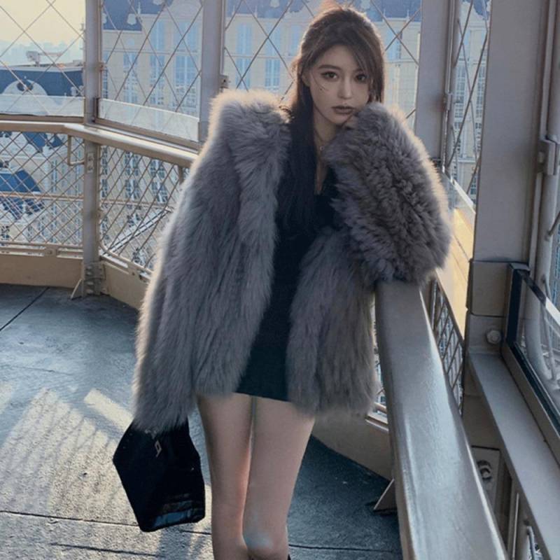 Winter Pelzmantel Damen Mittel und Lang Fuchspelz Kapuzenmantel Locker und Dünn Modisch und Umweltfreundlich Pelzmantel XL dunkelgraue von Joom DACH