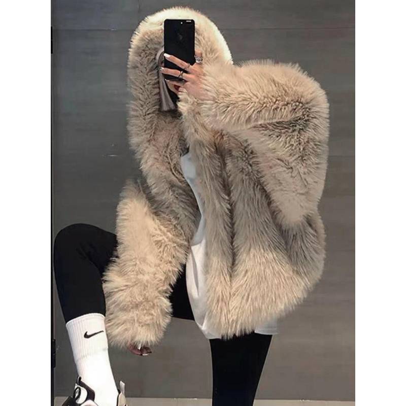 Winter Pelzmantel Damen Mittel und Lang Fuchspelz Kapuzenmantel Locker und Dünn Modisch und Umweltfreundlich Pelzmantel XL apricot von Joom DACH