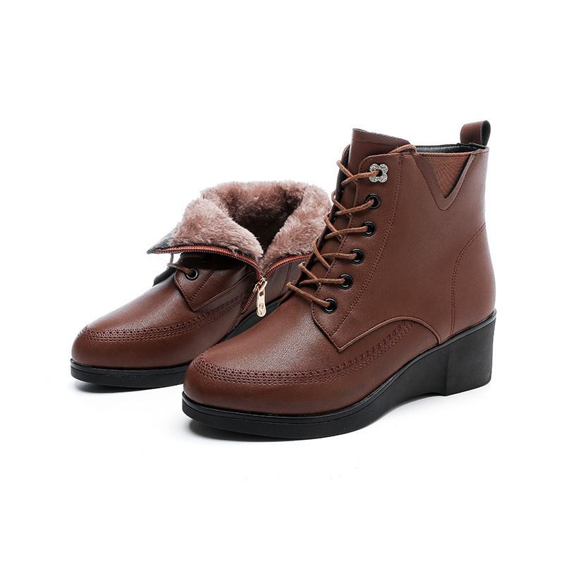 Winter Plateauschuhe Damen Schnürung Reißverschluss Weiches Leder Keilabsatz Mittelhoch Ankle Boots Runde Zehenpartie Mode Lässig Baumwollschuhe 36 von Joom DACH
