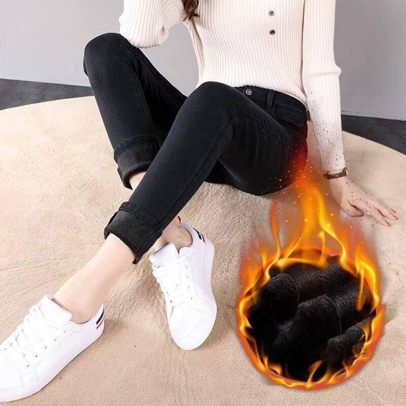 Winter Plüsch verdickte warme Jeans mit hoher Taille Damen elastische dünne vielseitige Hose 32 schwarz von Joom DACH