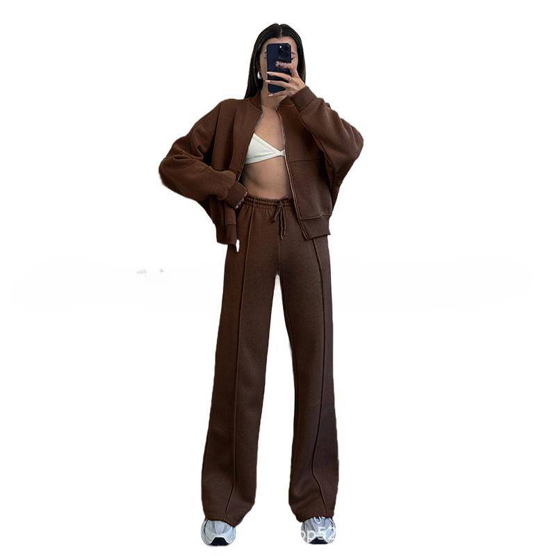 Winter Plus Samt Damenanzug Damen Einfarbig Pullover Jacke Lässig Gerade Hose Anzug M kaffeebraun von Joom DACH