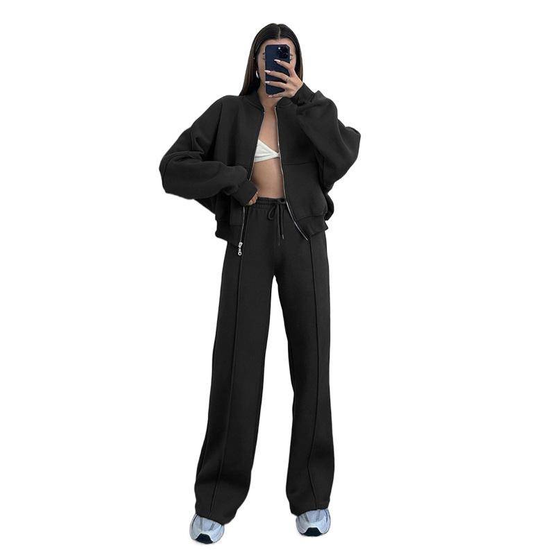Winter Plus Samt Damenanzug Damen Einfarbig Pullover Jacke Lässig Gerade Hose Anzug M schwarz von Joom DACH