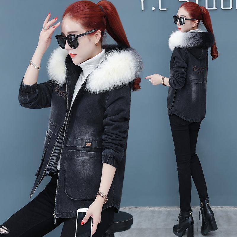 Winter Plus Samt Demin Parka Frauen Reißverschluss Buchstaben Stickerei Kapuze Jeansjacke mit Kunstpelz Kragen Oberbekleidung Warmer Mantel L schwarz von Joom DACH