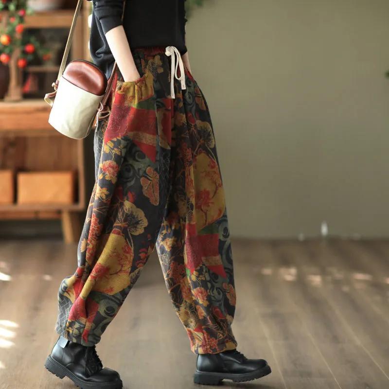 Winter Plus Samt Verdickt Retro Nationalstil Druck All-Match Schlankmachend Ethnisch Lässige Haremshose Damen 4XL von Joom DACH