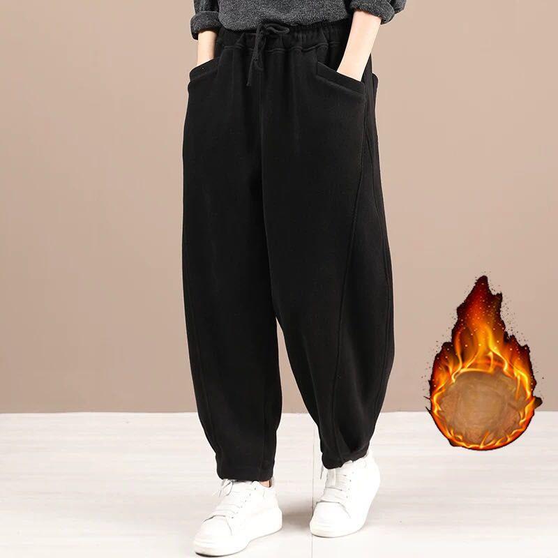 Winter Plus Samt Verdickte Sweatpants Gestrickte Baumwolle Haremshose Damen Retro Locker Übergröße Allround-Freizeithose XXL schwarz von Joom DACH