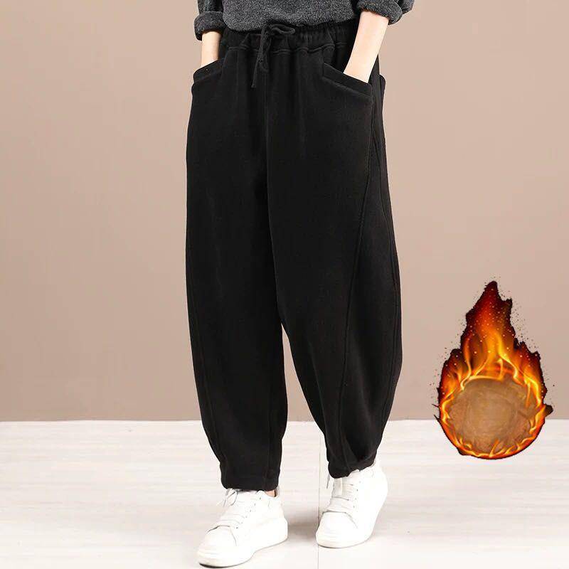 Winter Plus Samt Verdickte Sweatpants Gestrickte Baumwolle Haremshose Damen Retro Locker Übergröße Allround-Freizeithose XXL schwarz von Joom DACH