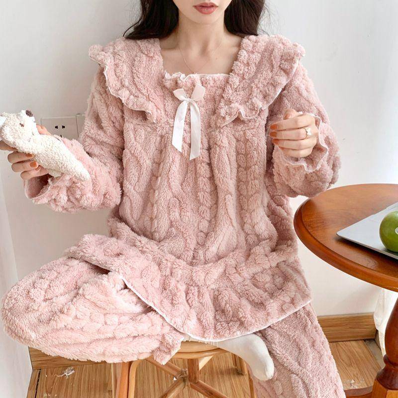 Winter-Pyjama-Set in Übergröße aus Jacquard-Korallenrot für Damen im Teddy-Stil, warmer Pyjama für Mädchen, molliger langer Pyjama L rosa von Joom DACH