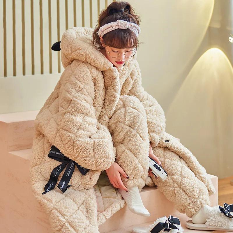 Winter-Pyjama aus dreilagiger Baumwolle für Damen, Korallensamt, warmer Flanell-Pyjama, Heimset, kann draußen getragen werden M von Joom DACH