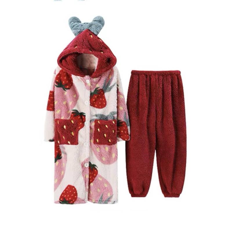 Winter-Pyjama für Damen, Erdbeer-Cartoon, lange Kapuzenjacke, süße Homewear, Nachtwäsche, Kawaii, Flanell, warmer, bequemer Bademantel M von Joom DACH