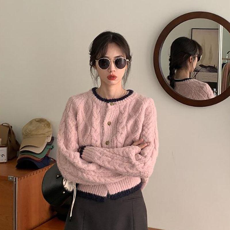 Winter Retro Farbkontrast Pullovermantel Frittierter Teigstrang Sanfte Schönheit Kleines Duftdesign Damen Strickjacke L rosa von Joom DACH