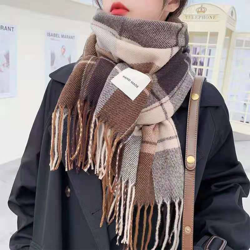 Winter Schal Plaid Lange Schal Mode Stirnband Wraps Frauen Schals Bandana Hijab Quasten Weiblich Foulard Baumwolle Gefühl Stolen von Joom DACH