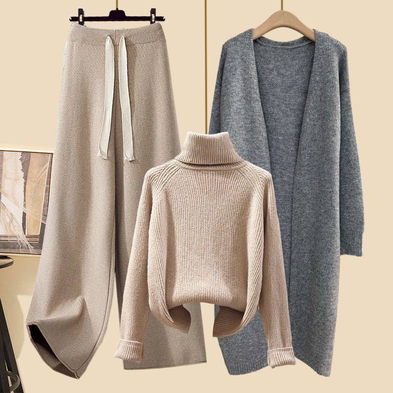 Winter Strickpullover Mantel Lockere Weitbeinige Hose Dreiteiliges Set für Damen Übergröße Bequem Lässiger Stil Modisch Schlankmachend L von Joom DACH