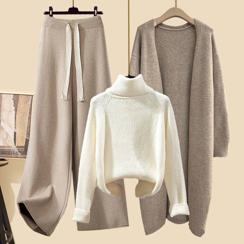 Winter Strickpullover Mantel Lockere Weitbeinige Hose Dreiteiliges Set für Damen Übergröße Bequem Lässiger Stil Modisch Schlankmachend M von Joom DACH