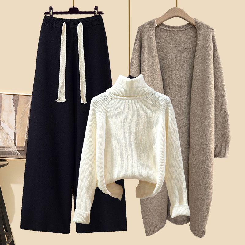 Winter Strickpullover Mantel Lockere Weitbeinige Hose Dreiteiliges Set für Damen Übergröße Bequem Lässiger Stil Modisch Schlankmachend XL von Joom DACH