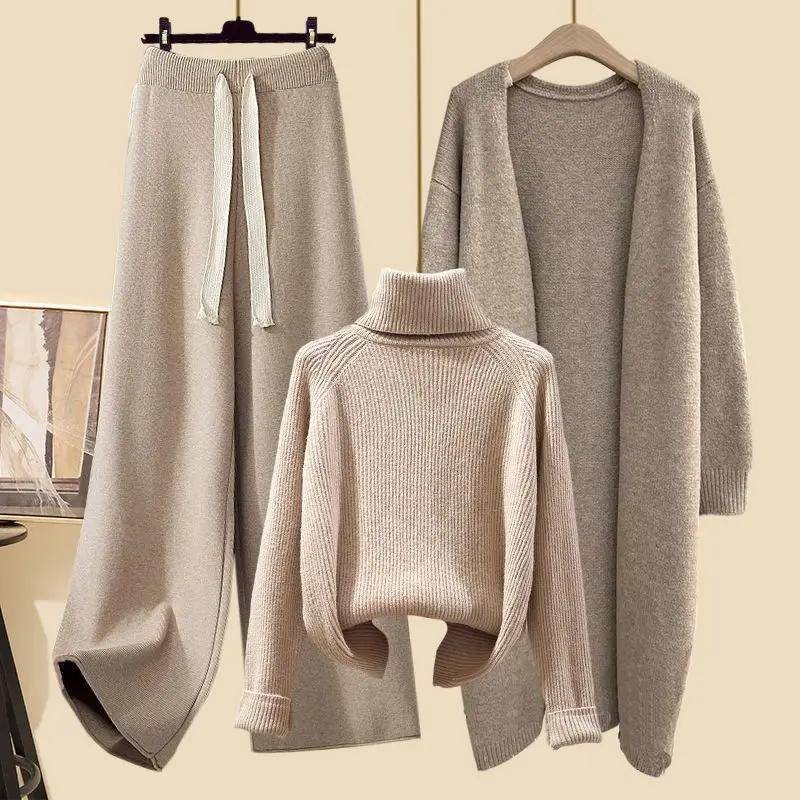 Winter Strickpullover Mantel Lockere Weitbeinige Hose Dreiteiliges Set für Damen Übergröße Bequem Lässiger Stil Modisch Schlankmachend XL von Joom DACH