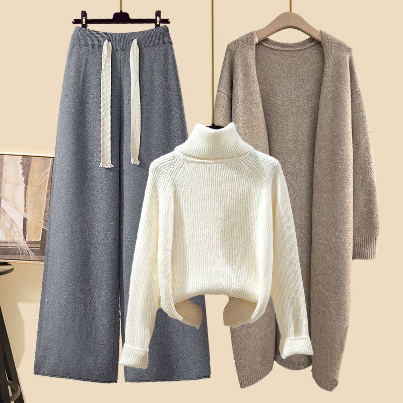 Winter Strickpullover Mantel Lockere Weitbeinige Hose Dreiteiliges Set für Damen Übergröße Bequem Lässiger Stil Modisch Schlankmachend XL von Joom DACH