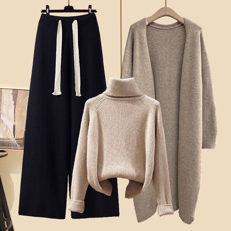 Winter Strickpullover Mantel Lockere Weitbeinige Hose Dreiteiliges Set für Damen Übergröße Bequem Lässiger Stil Modisch Schlankmachend XL von Joom DACH