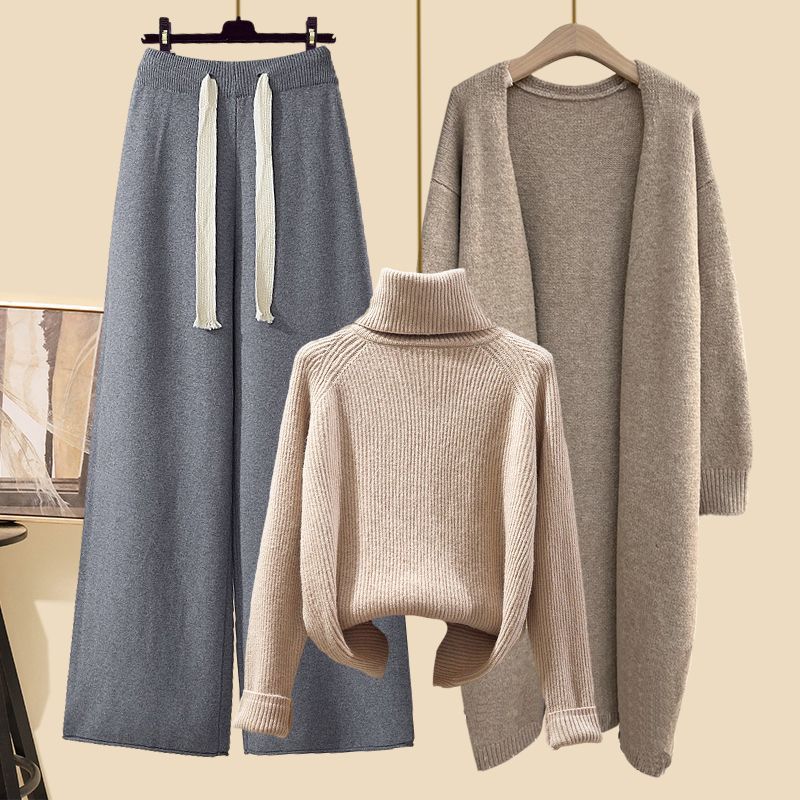 Winter Strickpullover Mantel Lockere Weitbeinige Hose Dreiteiliges Set für Damen Übergröße Bequem Lässiger Stil Modisch Schlankmachend XXL von Joom DACH
