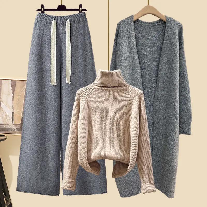 Winter Strickpullover Mantel Lockere Weitbeinige Hose Dreiteiliges Set für Damen Übergröße Bequem Lässiger Stil Modisch Schlankmachend XXXXL von Joom DACH