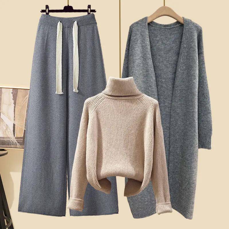 Winter Strickpullover Mantel Lockere Weitbeinige Hose Dreiteiliges Set für Damen Übergröße Bequem Lässiger Stil Modisch Schlankmachend XXXXL von Joom DACH