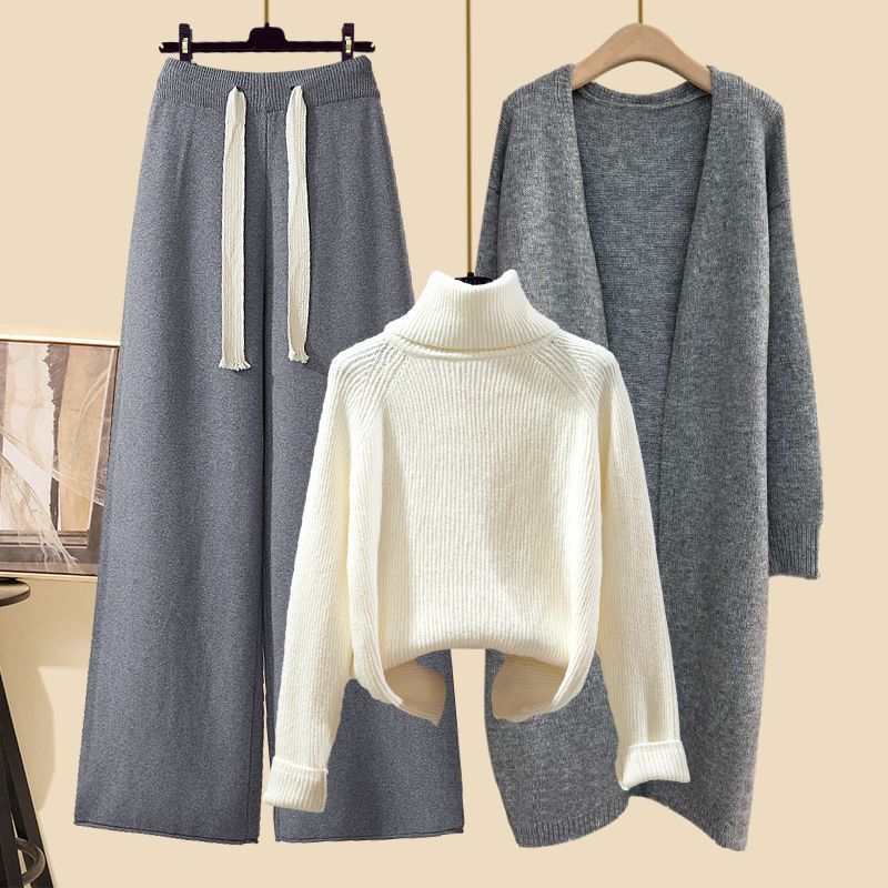 Winter Strickpullover Mantel Lockere Weitbeinige Hose Dreiteiliges Set für Damen Übergröße Bequem Lässiger Stil Modisch Schlankmachend XXXXL von Joom DACH