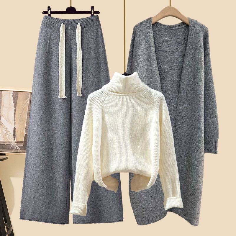 Winter Strickpullover Mantel Lockere Weitbeinige Hose Dreiteiliges Set für Damen Übergröße Bequem Lässiger Stil Modisch Schlankmachend XXXXL von Joom DACH
