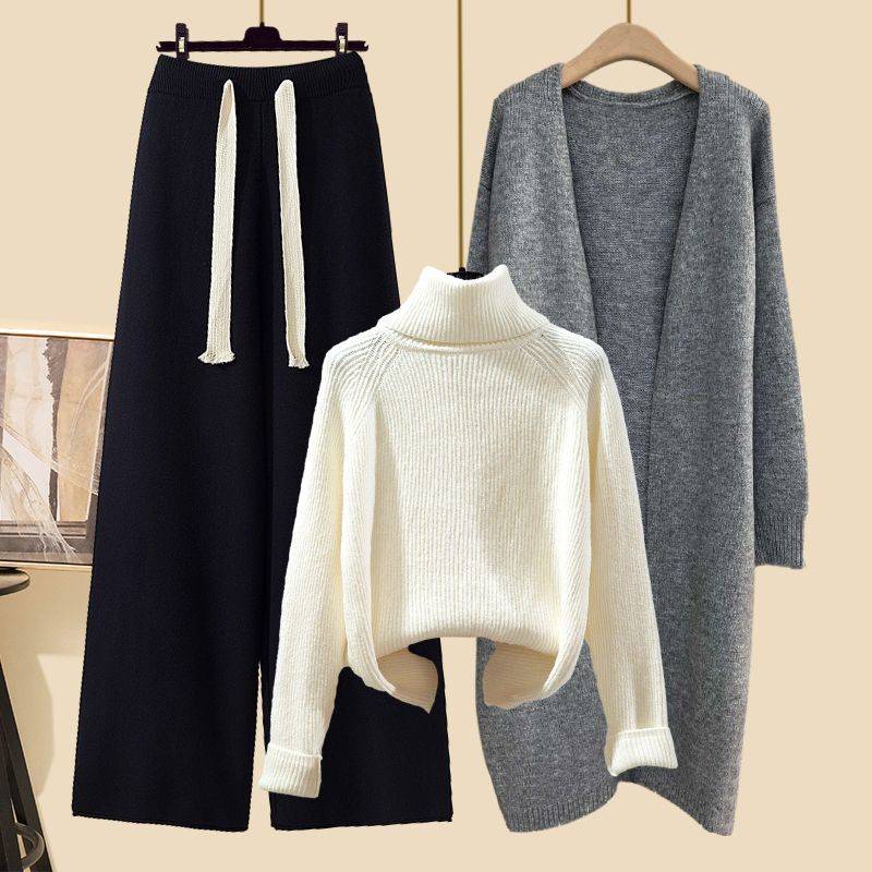 Winter Strickpullover Mantel Lockere Weitbeinige Hose Dreiteiliges Set für Damen Übergröße Bequem Lässiger Stil Modisch Schlankmachend XXXXL von Joom DACH