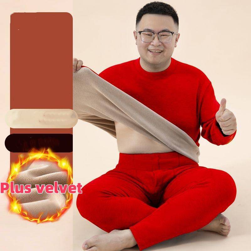 Winter-T-Shirt für Herren, warm, mit Fleece gefüttert, dicker Rundhalsausschnitt, einfarbig, Basic-Pullover, Sweatshirt, Thermo-Unterwäsche-Set, Oberteil und Hose, Übergröße 6XL rot von Joom DACH