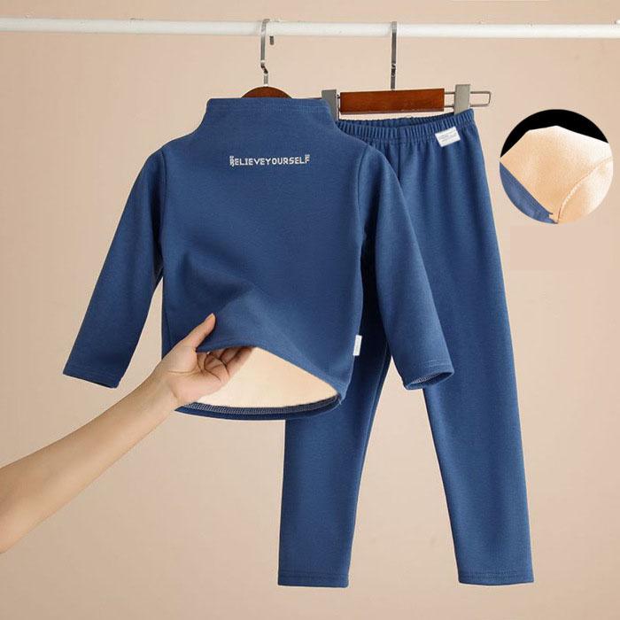 Winter-Thermo-Outfit für Kinder, lässig, für Jungen und Mädchen, zweiteilig, Unterwäsche, Conjuntos, warme Oberteile mit Rollkragen, dickes Samtfutter für Kinder, hoher Halsausschnitt 130cm blau von Joom DACH