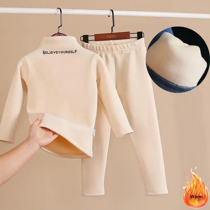 Winter-Thermo-Outfit für Kinder, lässig, für Jungen und Mädchen, zweiteilig, Unterwäsche, Conjuntos, warme Oberteile mit Rollkragen, dickes Samtfutter für Kinder, hoher Halsausschnitt 160cm apricot von Joom DACH