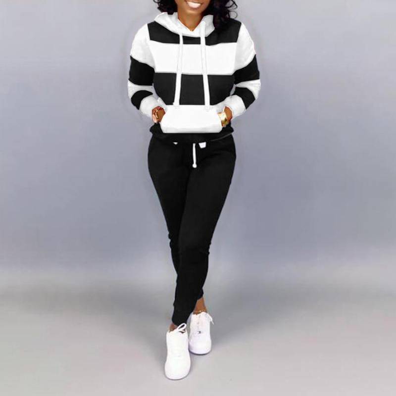 Winter Trainingsanzug Frauen 2 Teilig Druck Hoodies + Hosen Sportwear frauen Sport Anzug Mit Kapuze Sweatshirt Set Weibliche Winter Kleidung 5XL schwarz von Joom DACH