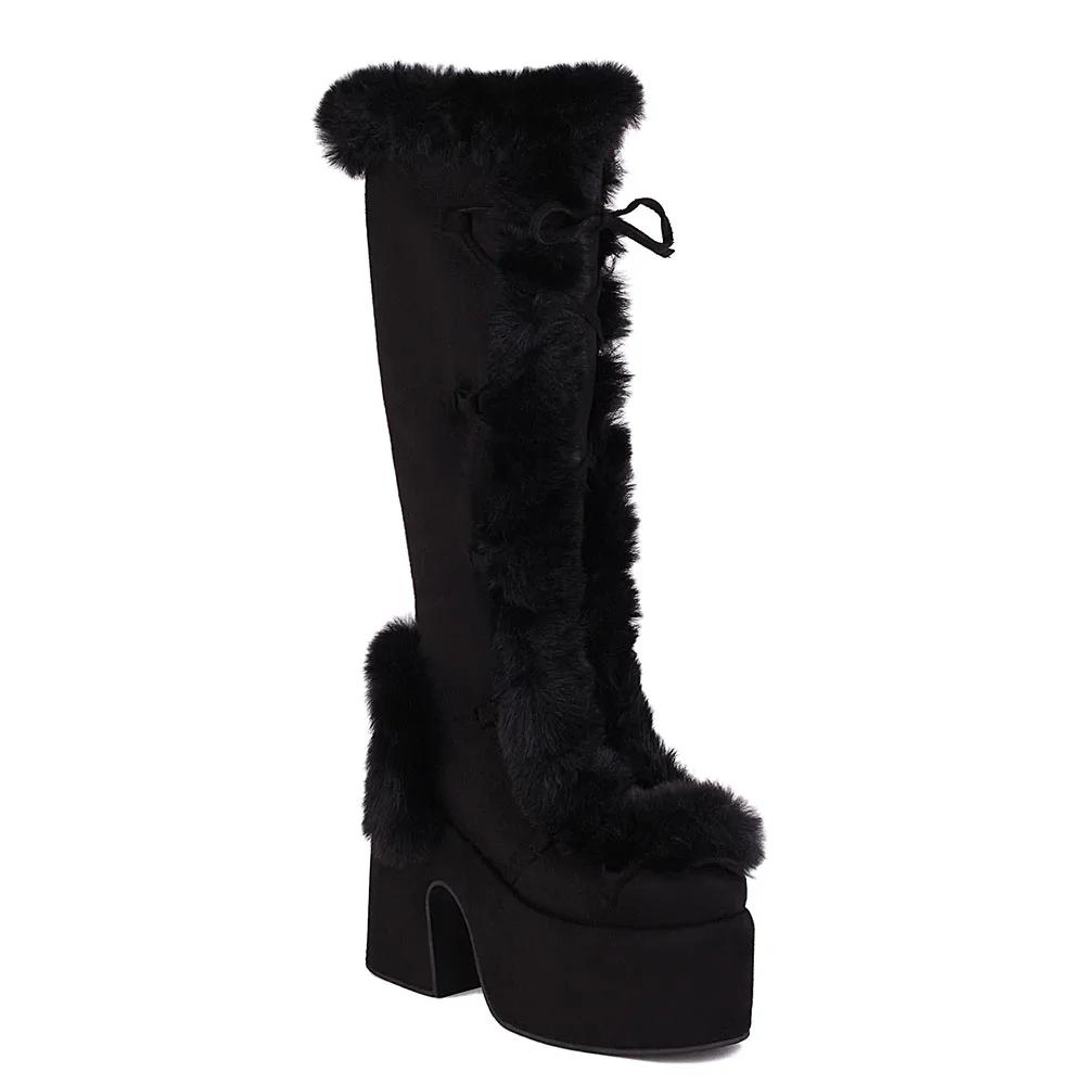 Winter Übergröße 43 y2k Weißer Punk-Stil Damen Kunstfell Klobige Plateau-Stiefel Gothic Schwarze Blockabsatzschuhe 38 schwarz von Joom DACH